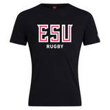 The East Stroudsburg University Club Plain Tee by WRS Canterbury is a black cotton blend t-shirt featuring bold "ESU Rugby" print in white and red—a standout customizable shirt for fans.