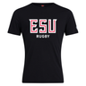 The East Stroudsburg University Club Plain Tee by WRS Canterbury is a black cotton blend t-shirt featuring bold "ESU Rugby" print in white and red—a standout customizable shirt for fans.