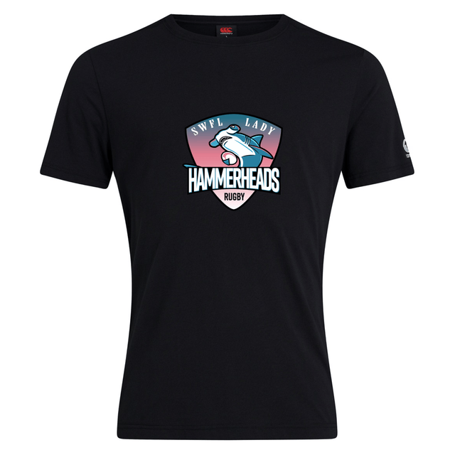 The SWFL Lady Hammerheads Club Plain Tee by Canterbury, from WRS Canterbury, is a black cotton blend t-shirt featuring a stylized hammerhead shark logo on the chest.