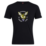 The Hornets Rugby Club 1977 Club Plain Tee by Canterbury from WRS Canterbury is a black cotton-blend t-shirt showcasing a yellow hornet logo, "hornets RUGBY CLUB," and "1977" printed on the chest. This customizable tee blends comfort and club spirit, making it perfect for any rugby fan.