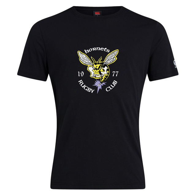 The Hornets Rugby Club 1977 Club Plain Tee by Canterbury from WRS Canterbury is a black cotton-blend t-shirt showcasing a yellow hornet logo, "hornets RUGBY CLUB," and "1977" printed on the chest. This customizable tee blends comfort and club spirit, making it perfect for any rugby fan.
