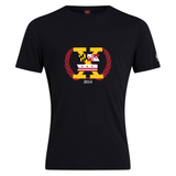 The Potomac Exiles Rugby Club Plain Tee by WRS Canterbury is a black cotton blend t-shirt featuring a large “V” with Maryland and Washington, D.C. flag elements, laurel wreath, and “2014” text on the chest.