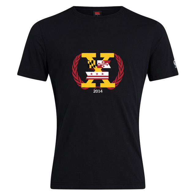 The Potomac Exiles Rugby Club Plain Tee by WRS Canterbury is a black cotton blend t-shirt featuring a large “V” with Maryland and Washington, D.C. flag elements, laurel wreath, and “2014” text on the chest.