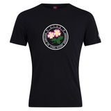 The Society of Iowa Rugby Referees Club Plain Tee by Canterbury, from WRS Canterbury, is a black cotton-blend t-shirt featuring a round logo with two pink flowers and green leaves. The logo displays the text “Society of Iowa Rugby September S.I.R.R.” This stylish and comfortable tee is perfect for rugby fans and everyday wear.