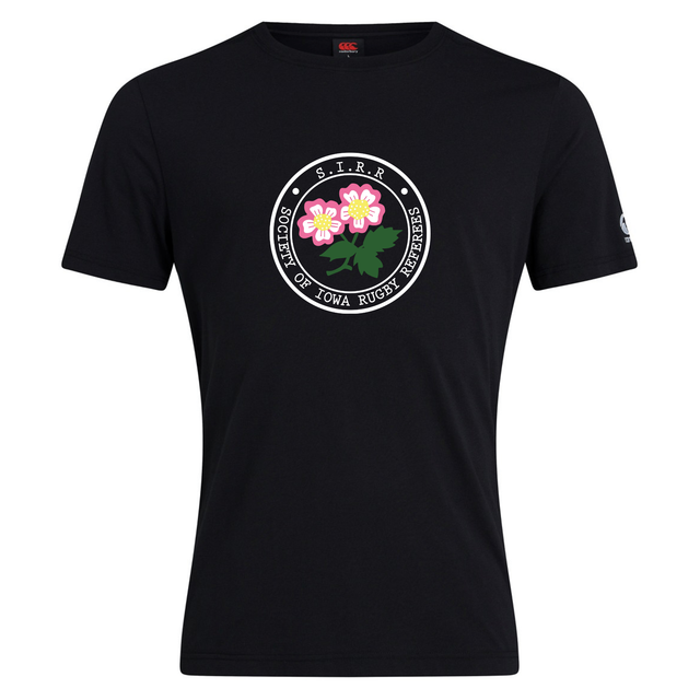 The Society of Iowa Rugby Referees Club Plain Tee by Canterbury, from WRS Canterbury, is a black cotton-blend t-shirt featuring a round logo with two pink flowers and green leaves. The logo displays the text “Society of Iowa Rugby September S.I.R.R.” This stylish and comfortable tee is perfect for rugby fans and everyday wear.