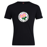 The Society of Iowa Rugby Referees Club Plain Tee by Canterbury from WRS Canterbury features a black cotton blend and displays a round logo with “Society of Iowa Rugby Referees” surrounded by two pink flowers and green leaves at the center—a perfect custom t-shirt for both fans and members.
