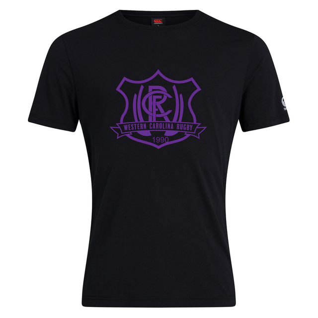 Western Carolina University Club Plain Tee by Canterbury featuring a black short-sleeved cotton blend t-shirt with a purple Western Carolina Rugby shield logo on the chest.