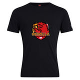 The Godzilla Rugby Football Club Club Plain Tee by Canterbury, from WRS Canterbury, is a black short-sleeve cotton blend t-shirt featuring a striking red and yellow dragon crest logo with “Godzilla Rugby Football Club” printed on the front. This customizable tee offers both comfort and bold style, making it ideal for showcasing team spirit or for everyday wear.