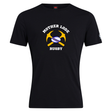 Black short-sleeved cotton blend Mother Lode Club Plain Tee by Canterbury with a chest graphic of crossed pickaxes, a rugby ball, and the text “MOTHER LODE RUGBY.”