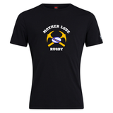 Black short-sleeved cotton blend Mother Lode Club Plain Tee by Canterbury with a chest graphic of crossed pickaxes, a rugby ball, and the text “MOTHER LODE RUGBY.”