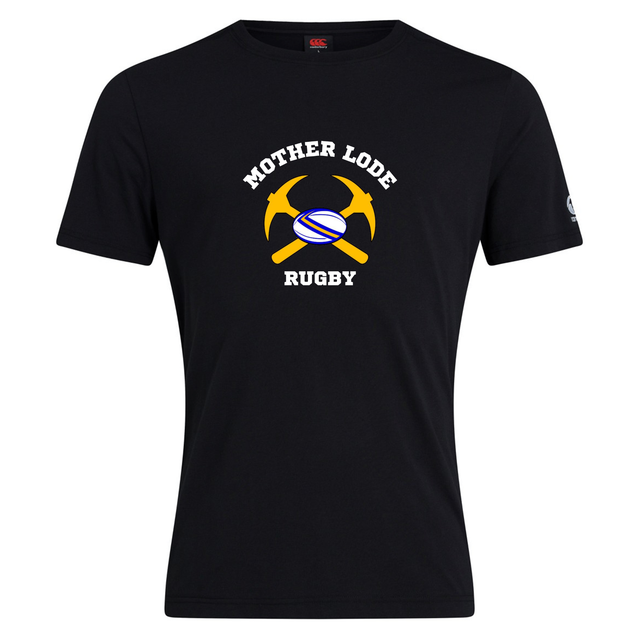 Black short-sleeved cotton blend Mother Lode Club Plain Tee by Canterbury with a chest graphic of crossed pickaxes, a rugby ball, and the text “MOTHER LODE RUGBY.”