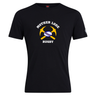 Black short-sleeved cotton blend Mother Lode Club Plain Tee by Canterbury with a chest graphic of crossed pickaxes, a rugby ball, and the text “MOTHER LODE RUGBY.”