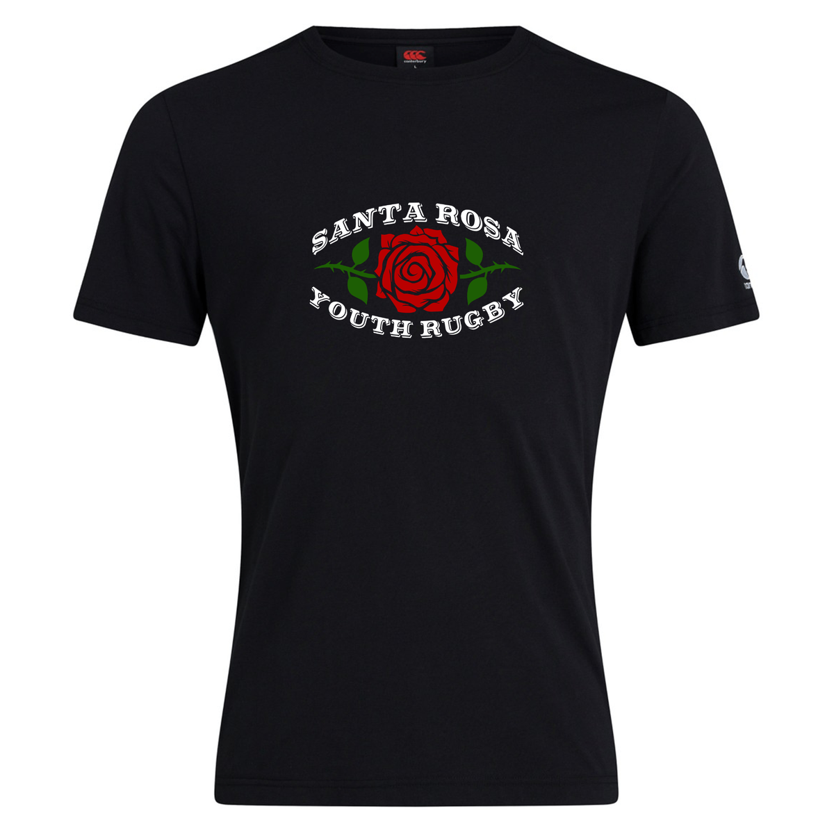 The WRS Canterbury Santa Rosa Youth Rugby Club Plain Tee is a black cotton blend t-shirt designed by Canterbury, featuring a vibrant red rose graphic with green leaves and bold “Santa Rosa Youth Rugby” text in white encircling the design. This customizable tee is ideal for fans eager to display their support in style.