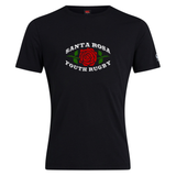 The WRS Canterbury Santa Rosa Youth Rugby Club Plain Tee is a black cotton blend t-shirt designed by Canterbury, featuring a vibrant red rose graphic with green leaves and bold “Santa Rosa Youth Rugby” text in white encircling the design. This customizable tee is ideal for fans eager to display their support in style.