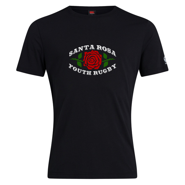 The WRS Canterbury Santa Rosa Youth Rugby Club Plain Tee is a black cotton blend t-shirt designed by Canterbury, featuring a vibrant red rose graphic with green leaves and bold “Santa Rosa Youth Rugby” text in white encircling the design. This customizable tee is ideal for fans eager to display their support in style.