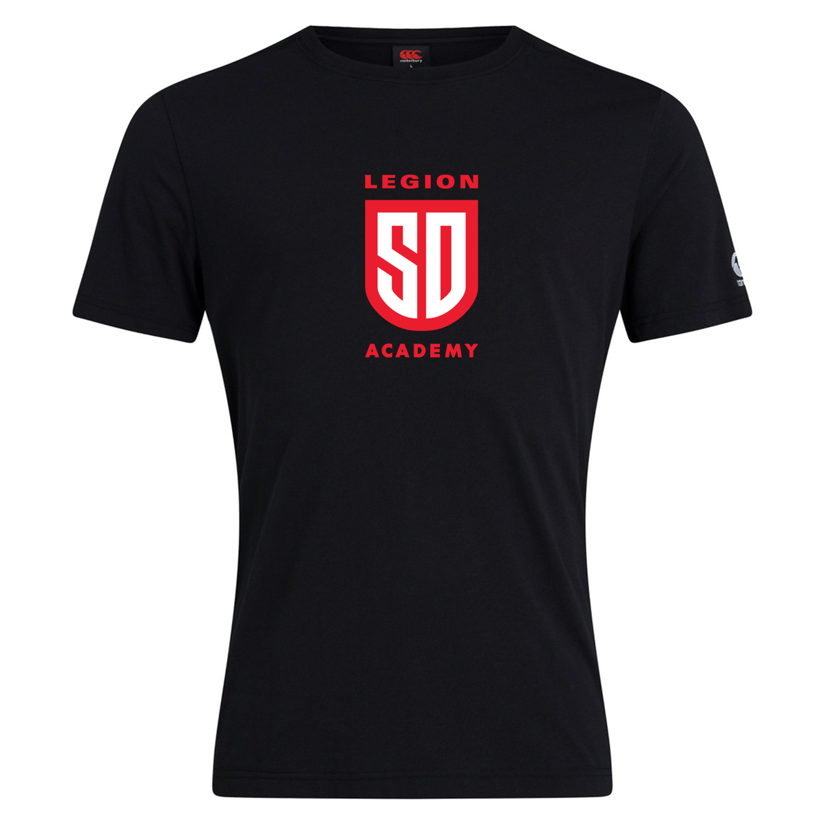 Black short-sleeved Legion Academy Club Plain Tee by Canterbury with “LEGION ACADEMY” and a shield logo featuring the letters “SD” in red on the chest.