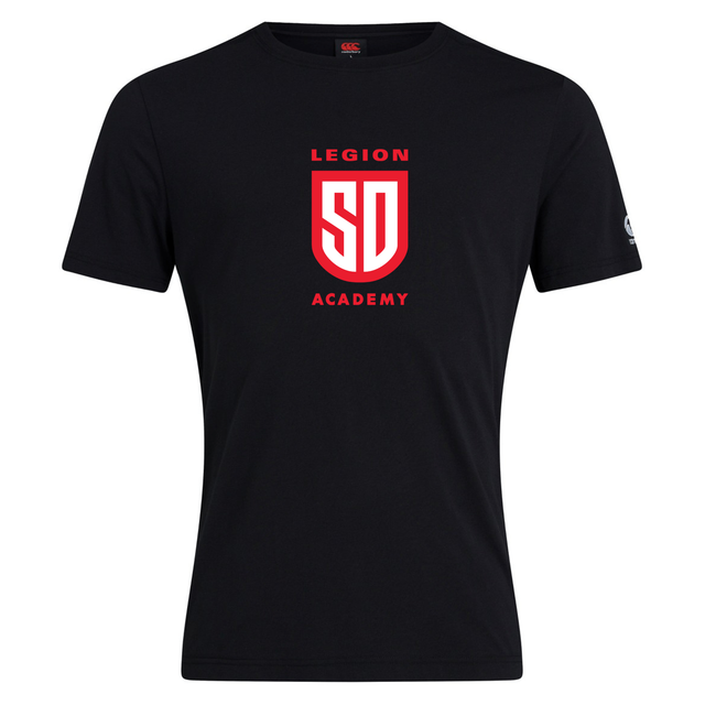 Black short-sleeved Legion Academy Club Plain Tee by Canterbury with “LEGION ACADEMY” and a shield logo featuring the letters “SD” in red on the chest.