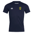 The Gotham Knights Club Dry Tee by Canterbury is a navy blue sports jersey with a white "Canterbury" logo on the right chest and a yellow and green emblem on the left chest. Crafted with Vapodri Technology, it ensures optimal performance and comfort.