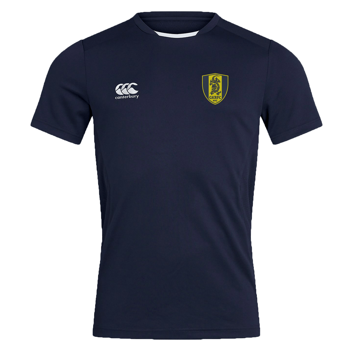 The Gotham Knights Club Dry Tee by Canterbury is a navy blue sports jersey with a white "Canterbury" logo on the right chest and a yellow and green emblem on the left chest. Crafted with Vapodri Technology, it ensures optimal performance and comfort.