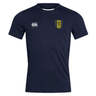 The Gotham Knights Club Dry Tee by Canterbury is a navy blue sports jersey with a white "Canterbury" logo on the right chest and a yellow and green emblem on the left chest. Crafted with Vapodri Technology, it ensures optimal performance and comfort.