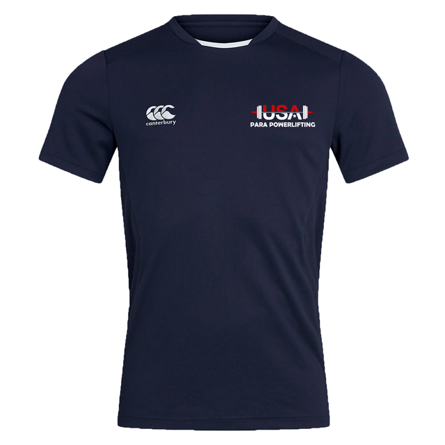 The USA Para Powerlifting Club Dry Tee by EMB Canterbury is a navy short-sleeve shirt with Vapodri tech, featuring the "Canterbury" logo on the right chest and "USA Para Powerlifting" text with logo on the left.