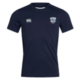 The Milwaukee Barbarians Rugby Club Dry Tee by EMB Canterbury is a navy short-sleeve jersey with Vapodri Technology, featuring a white "Canterbury" logo on the right chest and the club crest on the left.