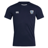 The Milwaukee Barbarians Rugby Club Dry Tee by EMB Canterbury is a navy short-sleeve jersey with Vapodri Technology, featuring a white "Canterbury" logo on the right chest and the club crest on the left.