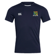 Navy blue short-sleeved Takoma Touch Rugby Club Dry Tee by Canterbury with a white logo on the right chest and a colorful rugby club crest on the left chest.