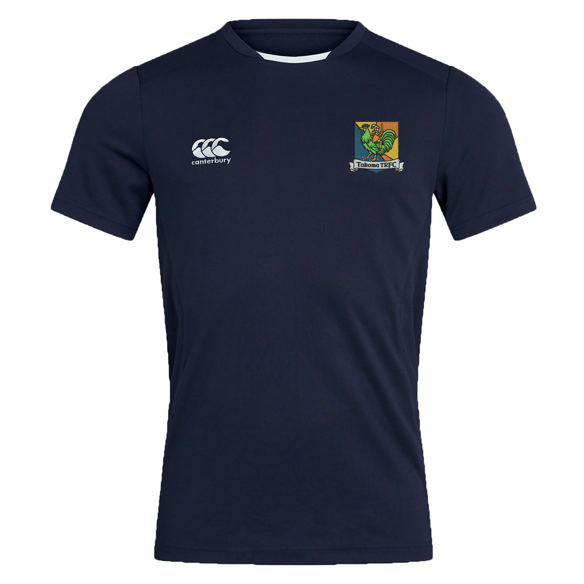 Navy blue short-sleeved Takoma Touch Rugby Club Dry Tee by Canterbury with a white logo on the right chest and a colorful rugby club crest on the left chest.