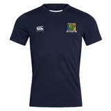 Navy blue short-sleeved Takoma Touch Rugby Club Dry Tee by Canterbury with a white logo on the right chest and a colorful rugby club crest on the left chest.
