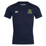 Navy blue short-sleeved Takoma Touch Rugby Club Dry Tee by Canterbury with a white logo on the right chest and a colorful rugby club crest on the left chest.