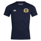 The Old Man Rivah Rugby Club Dry Tee by EMB Canterbury is a navy blue, short-sleeve performance shirt with a "Canterbury" logo on the right chest and a crest with a lion and “Old Man Minis” on the left, designed for breathable comfort.