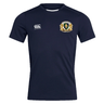 The Old Man Rivah Rugby Club Dry Tee by EMB Canterbury is a navy blue, short-sleeve performance shirt with a "Canterbury" logo on the right chest and a crest with a lion and “Old Man Minis” on the left, designed for breathable comfort.