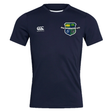 The Kingwood Rugby Club Dry Tee by EMB Canterbury is a navy short-sleeve t-shirt with a white Canterbury logo on the right chest, a multi-colored crest on the left, and Vapodri Technology for breathable comfort during workouts.