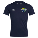 The Kingwood Rugby Club Dry Tee by EMB Canterbury is a navy short-sleeve t-shirt with a white Canterbury logo on the right chest, a multi-colored crest on the left, and Vapodri Technology for breathable comfort during workouts.