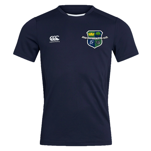 The Kingwood Rugby Club Dry Tee by EMB Canterbury is a navy short-sleeve t-shirt with a white Canterbury logo on the right chest, a multi-colored crest on the left, and Vapodri Technology for breathable comfort during workouts.