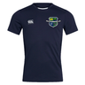 The Kingwood Rugby Club Dry Tee by EMB Canterbury is a navy short-sleeve t-shirt with a white Canterbury logo on the right chest, a multi-colored crest on the left, and Vapodri Technology for breathable comfort during workouts.