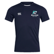 The NC Rugby Academy - Megalodons Club Dry Tee by EMB Canterbury is a navy blue short-sleeve shirt with Vapodri Technology, featuring the "Canterbury" logo on the right chest and "Megalodons Rugby Academy" logo on the left.