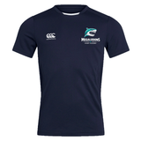 The NC Rugby Academy - Megalodons Club Dry Tee by EMB Canterbury is a navy blue short-sleeve shirt with Vapodri Technology, featuring the "Canterbury" logo on the right chest and "Megalodons Rugby Academy" logo on the left.