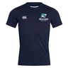 The NC Rugby Academy - Megalodons Club Dry Tee by EMB Canterbury is a navy blue short-sleeve shirt with Vapodri Technology, featuring the "Canterbury" logo on the right chest and "Megalodons Rugby Academy" logo on the left.