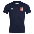 The Montgomery Bucks Griffins Club Dry Tee by EMB Canterbury is a navy short-sleeve sports jersey with Vapodri Technology, a white Canterbury logo on the right chest, and a red and white lion crest on the left.