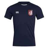 The Montgomery Bucks Griffins Club Dry Tee by EMB Canterbury is a navy short-sleeve sports jersey with Vapodri Technology, a white Canterbury logo on the right chest, and a red and white lion crest on the left.