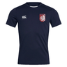 The Montgomery Bucks Griffins Club Dry Tee by EMB Canterbury is a navy short-sleeve sports jersey with Vapodri Technology, a white Canterbury logo on the right chest, and a red and white lion crest on the left.