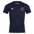 Navy-blue SF CDME Rugby Club Dry Tee by Canterbury, featuring advanced Vapodri Technology for superior moisture management, a white EMB Canterbury logo on the right chest, and a red cross emblem with "CDME RUGBY" text on the left chest.