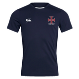 Navy-blue SF CDME Rugby Club Dry Tee by Canterbury, featuring advanced Vapodri Technology for superior moisture management, a white EMB Canterbury logo on the right chest, and a red cross emblem with "CDME RUGBY" text on the left chest.