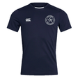 The EMB Canterbury Saint Anselm College Club Rugby Club Dry Tee is a navy blue, short-sleeve athletic shirt with a Canterbury logo on the right chest and a Saint Anselm shield on the left, crafted for breathable performance.