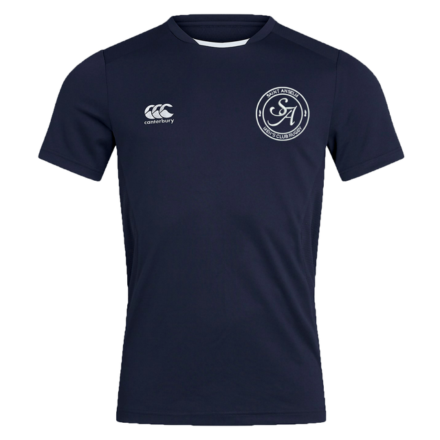 The EMB Canterbury Saint Anselm College Club Rugby Club Dry Tee is a navy blue, short-sleeve athletic shirt with a Canterbury logo on the right chest and a Saint Anselm shield on the left, crafted for breathable performance.