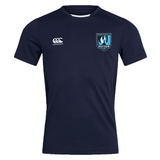 The Minneapolis Mayhem Rugby Club Dry Tee by EMB Canterbury is a navy blue short-sleeve sports jersey featuring the “Canterbury” logo on the right chest and the “Minneapolis Mayhem” badge on the left chest. Designed as a breathable workout tee, it incorporates Vapodri Technology to keep you cool and dry during intense training sessions.