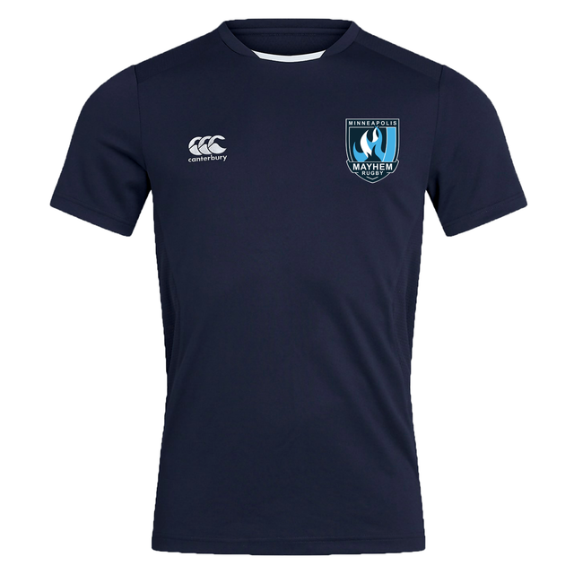 The Minneapolis Mayhem Rugby Club Dry Tee by EMB Canterbury is a navy blue short-sleeve sports jersey featuring the “Canterbury” logo on the right chest and the “Minneapolis Mayhem” badge on the left chest. Designed as a breathable workout tee, it incorporates Vapodri Technology to keep you cool and dry during intense training sessions.