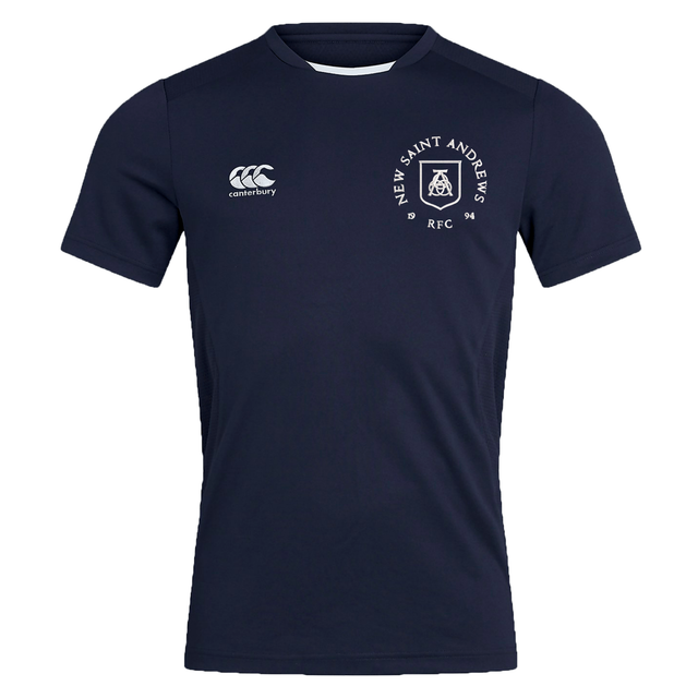 The New Saint Andrews College Club Dry Tee by EMB Canterbury is a navy blue short-sleeve athletic shirt featuring a white Canterbury logo and the “New Saint Andrews RFC” crest on the chest. Made with Vapodri Technology, this Club Dry T-Shirt offers breathable comfort to keep you cool during intense workouts.